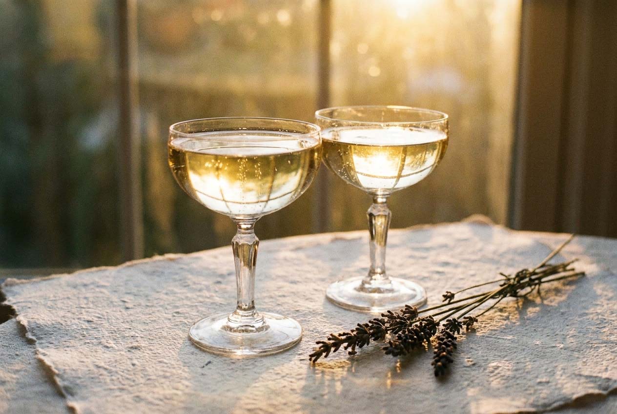 Modern Vow theme detail with champagne coupes