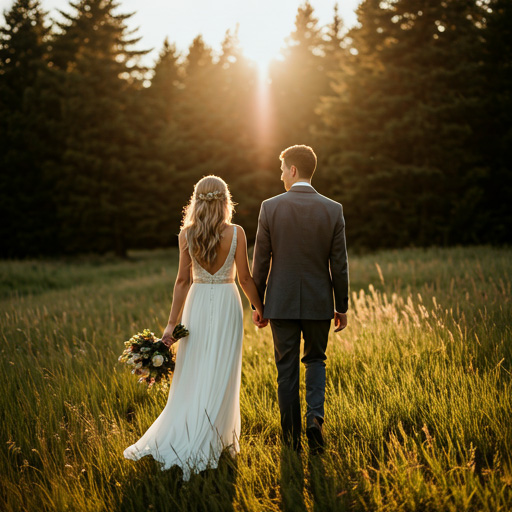 Editorial wedding portrait of a couple in warm meadow light
